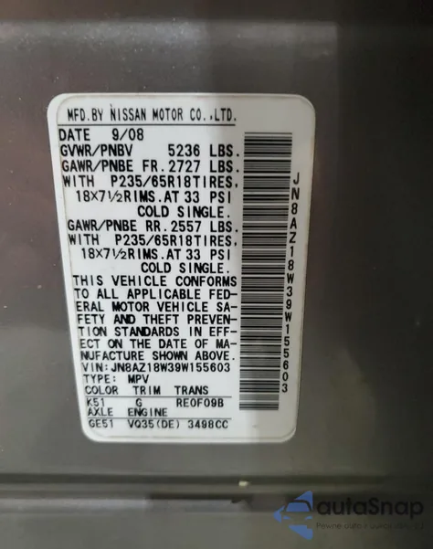 2009 Nissan Murano S z USA, uszkodzony, nr VIN JN8AZ18W39W155603